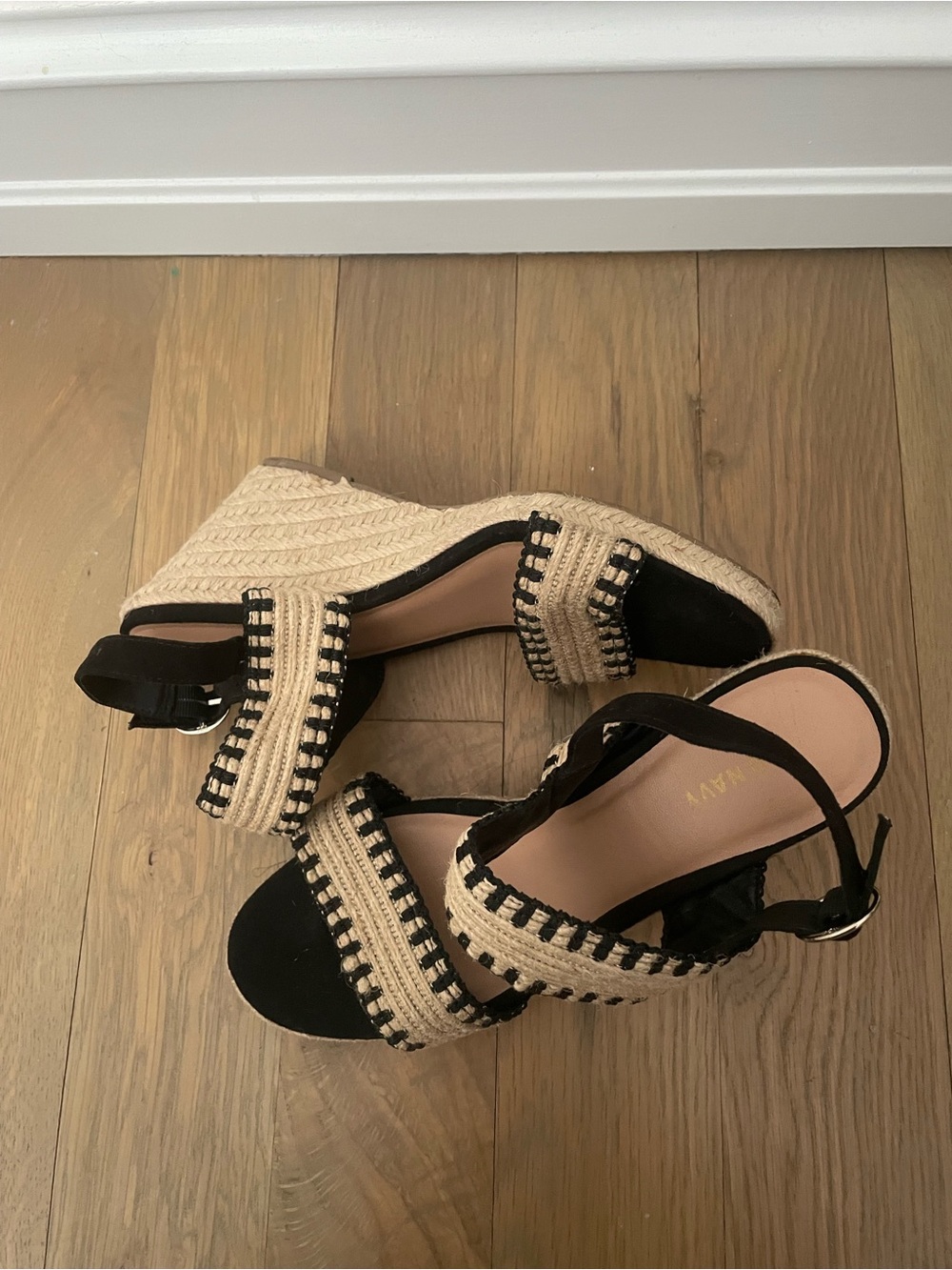 Old Navy Black and Natural Woven Wedge Sandals